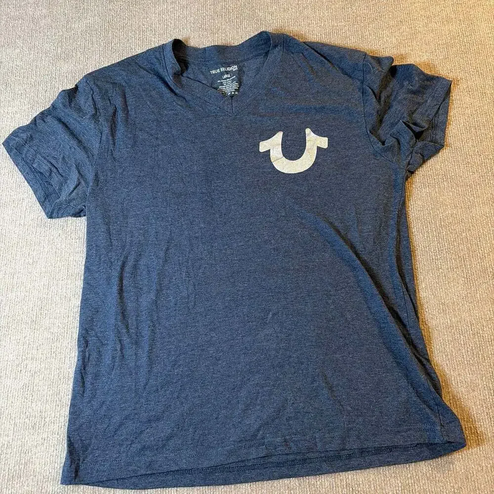 True Religion T-Shirt Blue with Silver Horseshoe Logo Adult Medium 1569